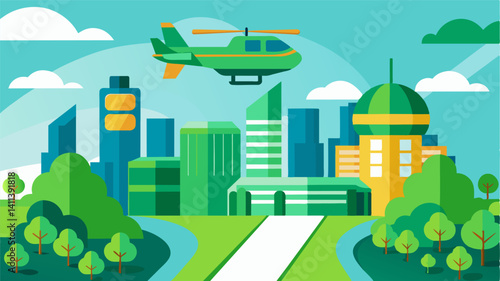 From above the air taxi offers a new perspective on the citys green infrastructure and environmentallyfriendly initiatives.. Vector illustration