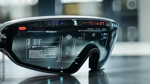Futuristic augmented reality glasses displaying digital information in a modern tech environment