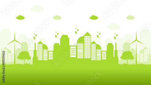 Sustainable energy green eco city in flat design vector illustration good for web banner, ads banner, campaign banner, wallpaper, backdrop and green campaign