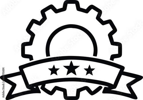 Gear with Ribbon and Stars Icon in Black Outline on Transparent Background