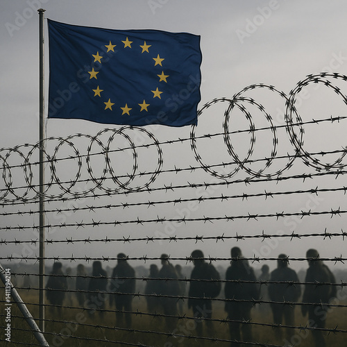 The EU flag waves above a barbed wire fence with silhouettes of people behind it, evoking themes of migration and policy.