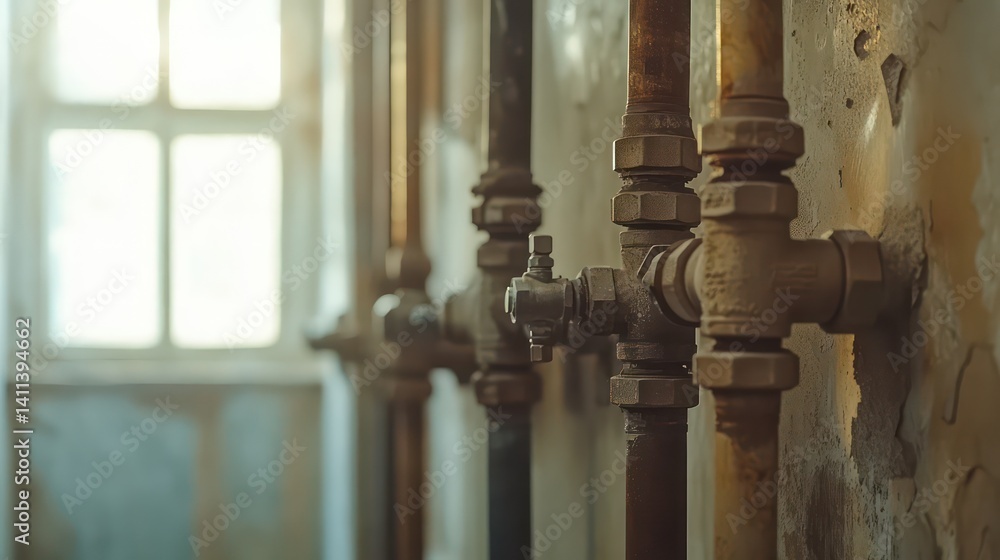 Fototapeta premium Close-up of exposed galvanized pipes in an abandoned building, dim light through broken windows, surrounded by decay and peeling walls.