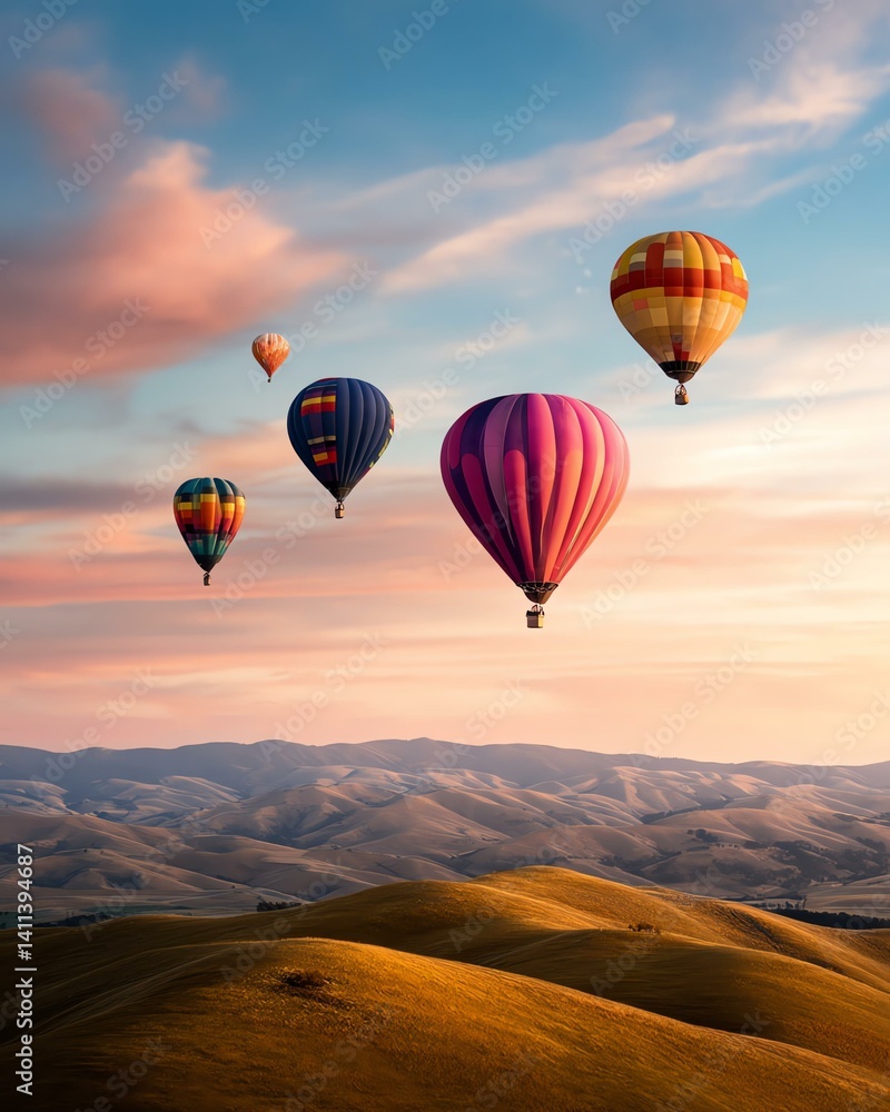 Fototapeta premium vibrant balloon photography Colorful hot air balloons soar over picturesque landscapes at sunset, creating a breathtaking view of adventure and freedom.