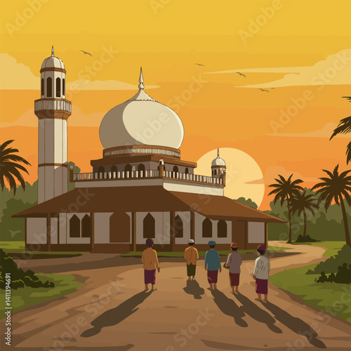 People Walking Toward Building at Sunset