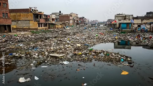 Pollution Crisis: A River Choked by Waste in an Urban Setting
