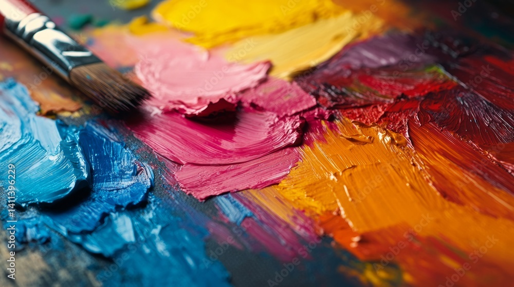 Fototapeta premium A macro shot of a palette filled with mixed acrylic colors, rich textures, artistic feel
