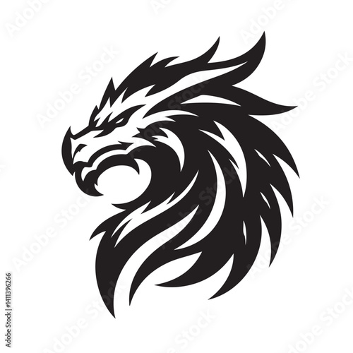 A stylized black and white illustration of a lion's head with a fierce expression and sharp features.eps