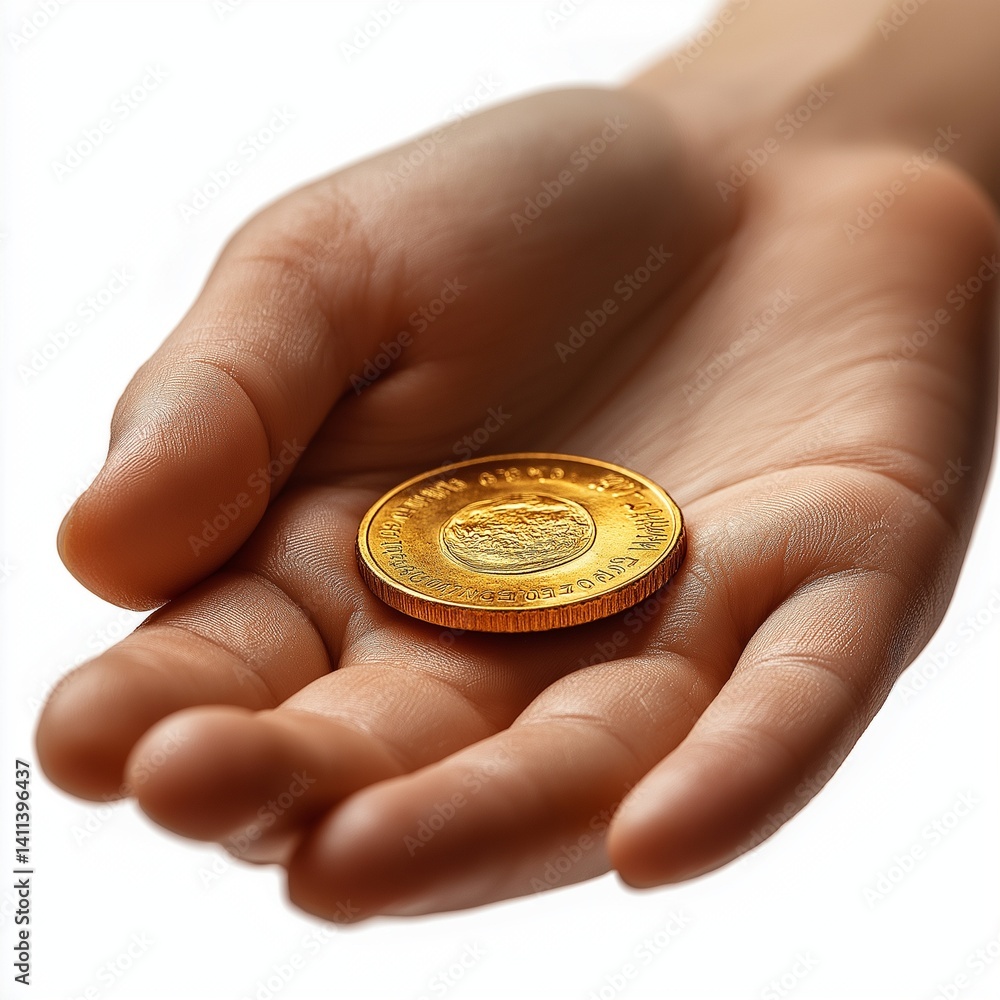 Giving moment hand donating coin open palm with digital storytelling holograms ,generative ai illustration Giving moment hand donating coin open palm with digital storytelling holograms ,generative ai illustration