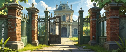 dilapidated mansion gate creaking open 3d render scene video game concept background illustration digital artwork