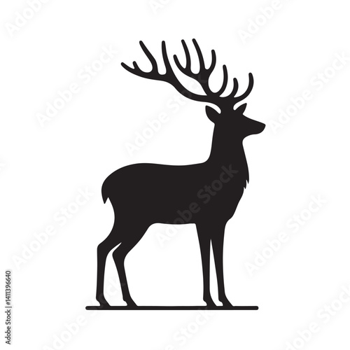 Silhouette of a deer with large antlers standing on a flat surface against white background.eps