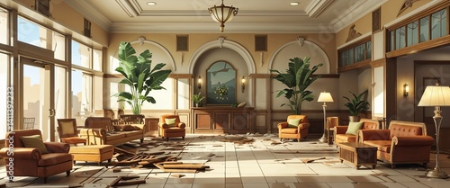 Wallpaper Mural ruined hotel lobby with broken furniture 3d render scene video game concept background illustration digital artwork Torontodigital.ca