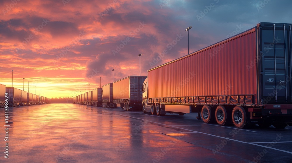 Fototapeta premium Trucks and Shipping Containers at Sunset