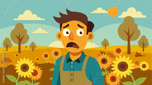 Shock and disbelief are evident on the farmers face as he stares at his ruined sunflower field a sight that was supposed to bring joy and beauty now causes heartache.. Vector illustration