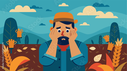 The heartbreaking image of a farmer surrounded by wasted crops his face downturned in defeat as he realizes the impact of the disrupted supply chain on his livelihood.. Vector illustration