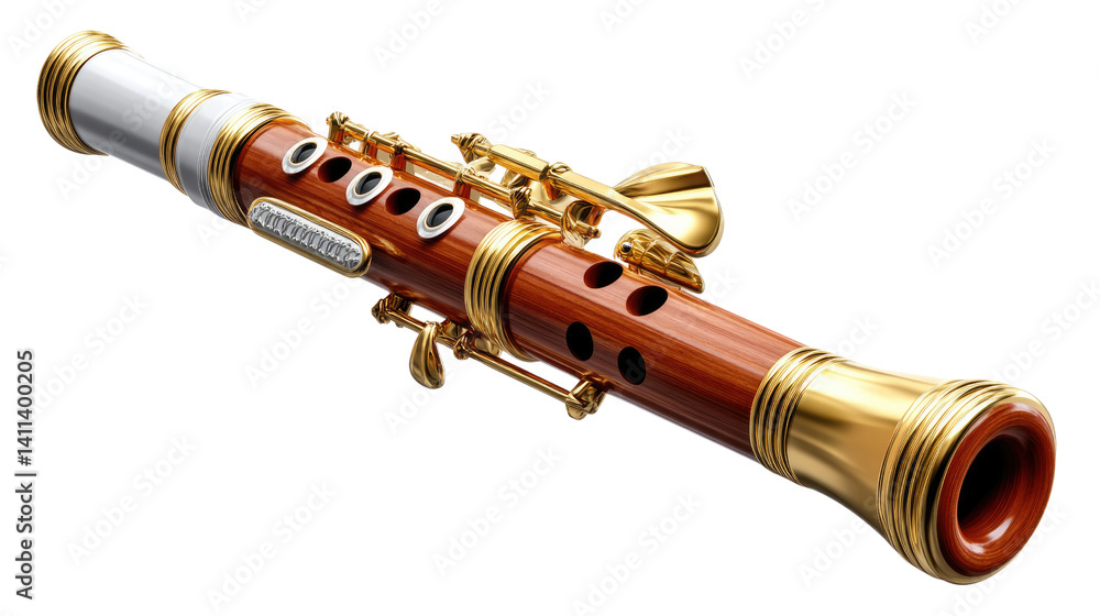 Naklejka premium Elegant Woodwind Instrument: A close-up shot showcasing the intricate details of a handcrafted woodwind instrument, highlighting its rich brown wood, gleaming gold accents, and silver embellishments.
