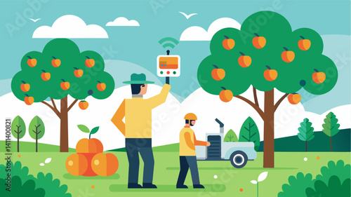 Smart robotics and GPS technology allow tree fruit harvesters to work autonomously freeing up human labor for other important tasks on the farm.. Vector illustration