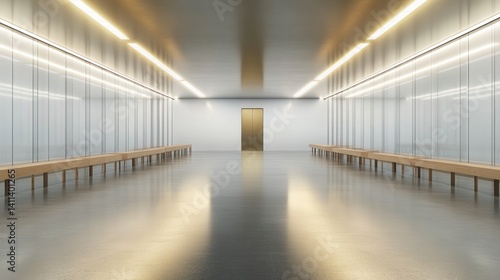 Modern  empty hallway with benches and glass walls