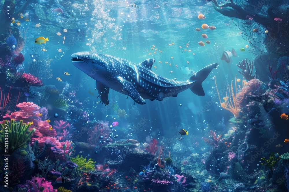 Obraz premium A whale shark swims through a vibrant coral reef, surrounded by colorful fish and bubbles, A magical underwater world filled with friendly sea creatures