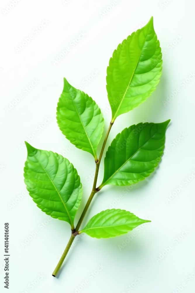 Fresh green leaves on a white background with a single branch, nature, greenery, botany Fresh green leaves on a white background with a single branch, nature, greenery, botany