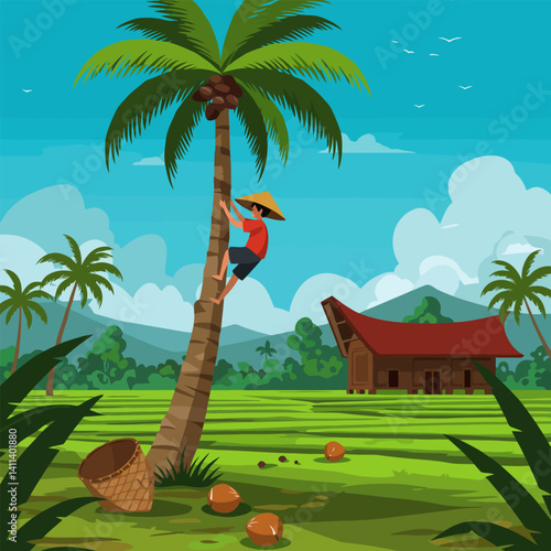Man Climbing Coconut Tree in Tropical Rural Landscape