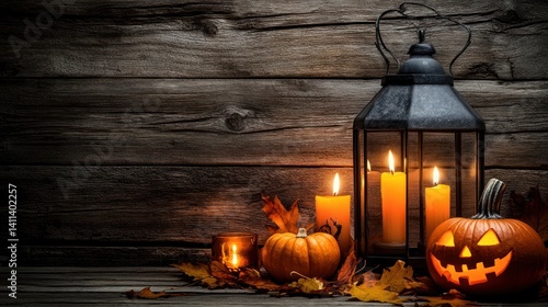 rustic halloween ambiance with glowing lanterns and pumpkins amidst falling leaves capturing the season's charm with warmth and mystery against a weathered wooden backdrop