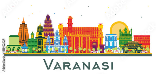 Varanasi India City Skyline with Color Buildings isolated on white. Business Travel and Tourism Concept with Historic Architecture. Varanasi Cityscape with Landmarks.
