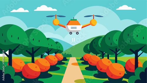 In a modern nursery a sophisticated drone hovers above rows of fruit trees using advanced imaging technology to identify which trees need pruning or treatment.. Vector illustration