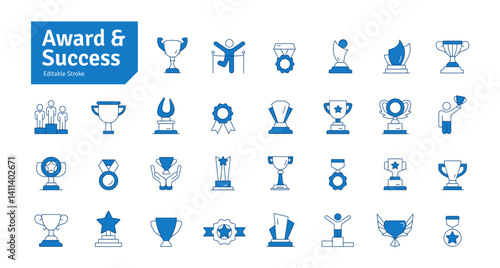 Award and Success Blue Line Icons Set. Achievement, Sport, Trophy, Medal, Champion, Winner, Leadership, Competition Icons. Editable Stroke Vector Illustration.