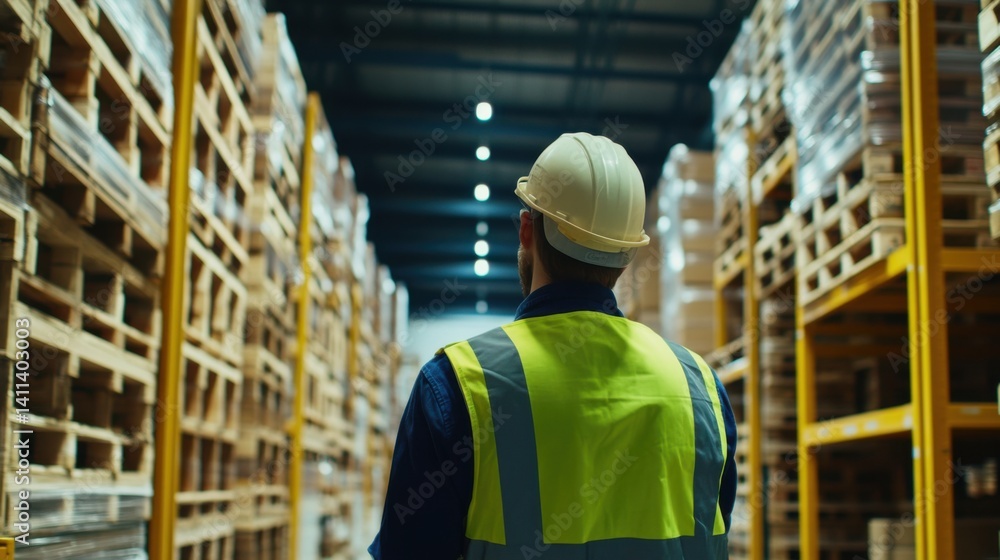 Warehouse worker organizing pallets in a storage area. Featuring efficiency and orderliness Warehouse worker organizing pallets in a storage area. Featuring efficiency and orderliness