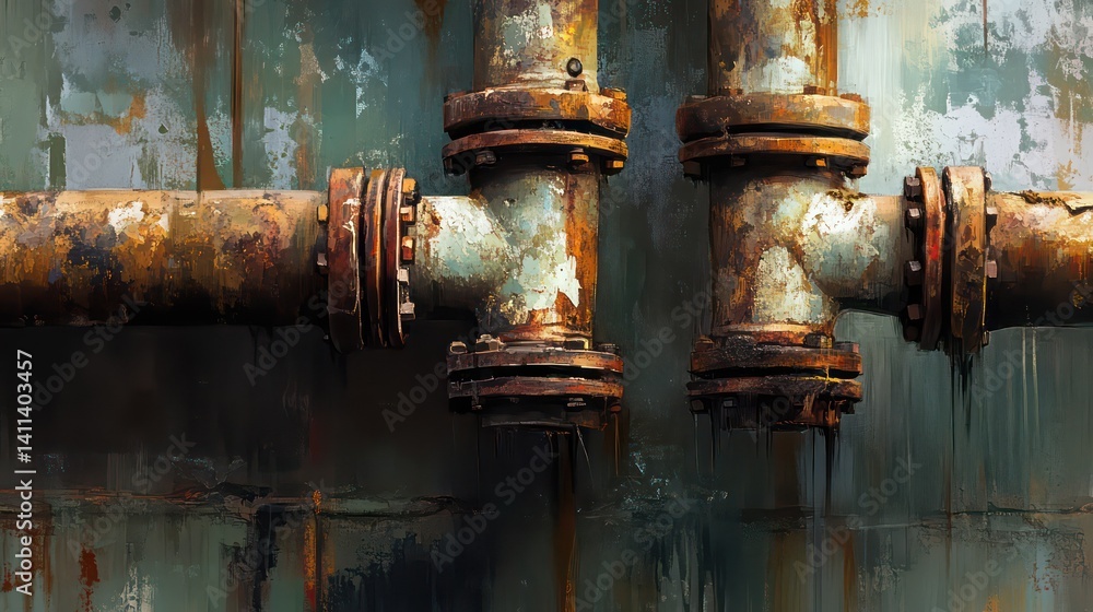 Close-up of bent copper pipes with patches, set against a dim wall in an old apartment—nostalgic and decayed, with rich texture in digital painting.
Close-up of bent copper pipes with patches, set against a dim wall in an old apartment—nostalgic and decayed, with rich texture in digital painting.