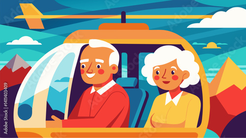 An elderly couple taking in the sights and reminiscing about their past travels while on the air taxi.. Vector illustration