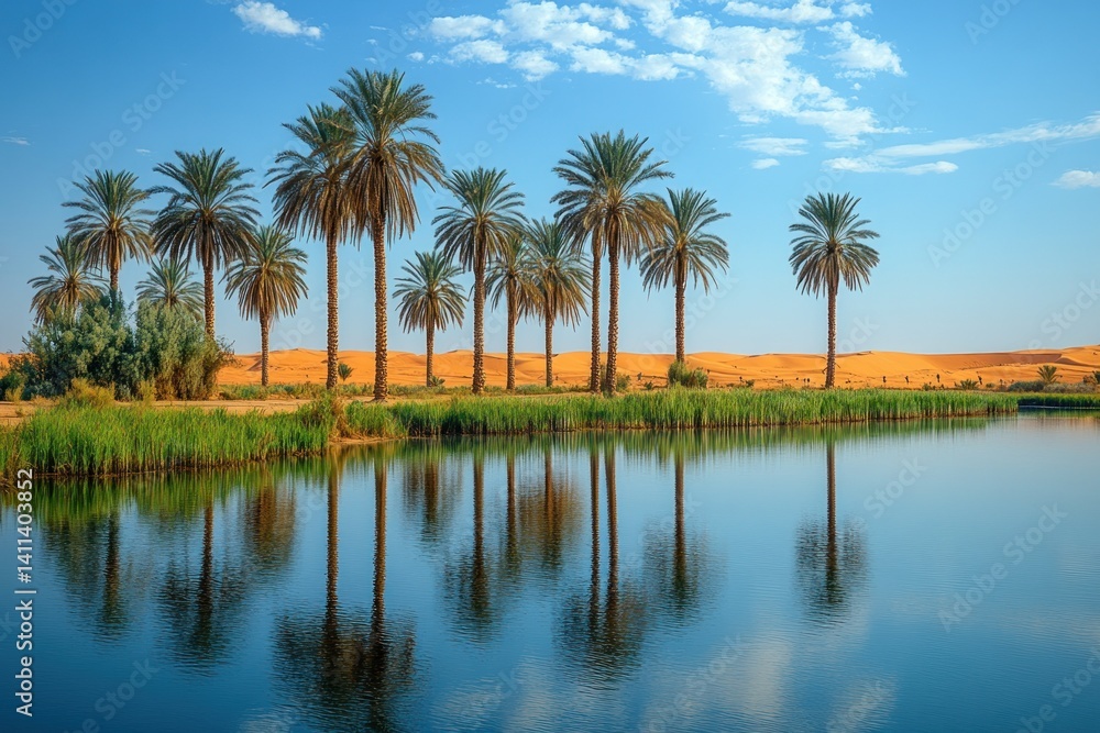 Tranquil oasis with palm trees reflecting in still water Tranquil oasis with palm trees reflecting in still water