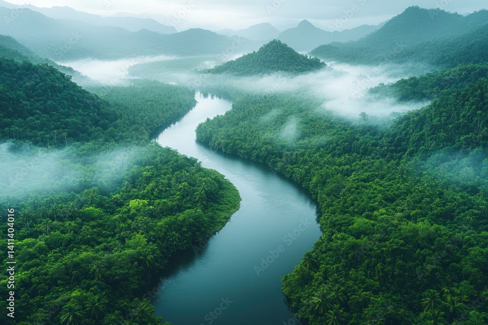 Lush river winding through misty rainforest Lush river winding through misty rainforest