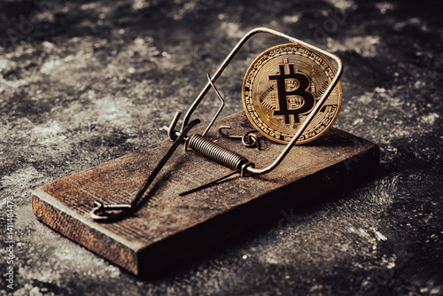 Golden cryptocurrency coins bitcoin in a wooden mousetrap, closeup. Cryptocurrency scam or fraud concept. Soap bubble cryptocurrency. Risks and dangers of Investing in bitcoin