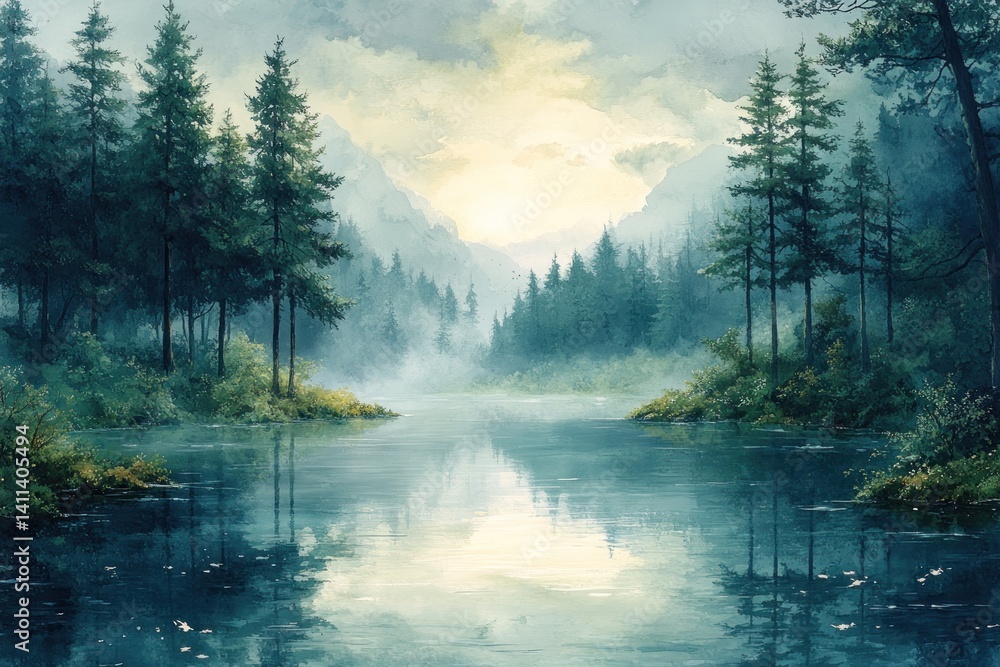 Fototapeta premium Misty mountain lake sunrise