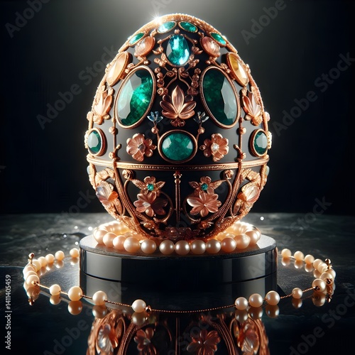 Ornate Black Easter Egg with Gold Filigree, Emeralds, Amber, and Pearls on Pedestal