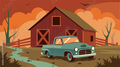 An old and battered truck sits in a corner of a forgotten barn its once shiny paint now chipped and peeling symbolizing the financial strain on farmers and their inability to. Vector illustration
