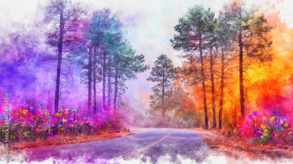Naklejka premium Colorful Autumn Road Through Misty Forest