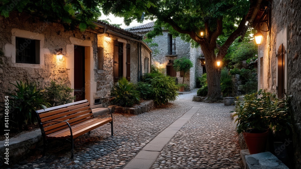 Naklejka premium Peaceful evening in charming Mediterranean village alleyway