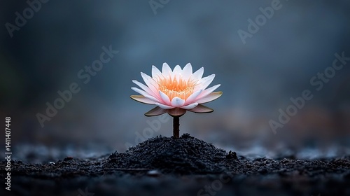 Delicate lotus flower emerging from dark soil