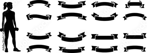 Fitness Woman With Dumbbells And Set Of Different Black Ribbons Banner Silhouettes