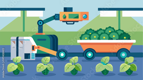 In a modular farming facility robotic harvesters are programmed to recognize and pick only the most mature and nutrientrich lettuce.. Vector illustration