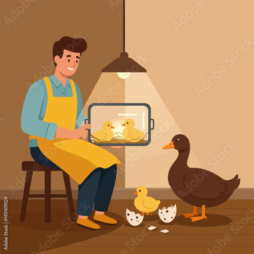 Ducklings Hatching with Man Holding Photo of Ducklings