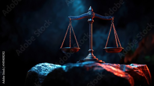 Fototapeta Naklejka Na Ścianę i Meble -  Justice scales on rock, dramatic lighting, jungle background