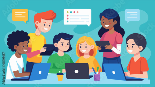 A group of teens form a coding club at school meeting weekly to work on projects and share their knowledge and skills.. Vector illustration
