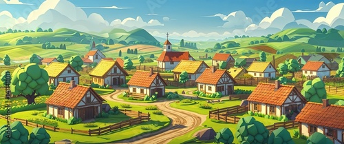 peaceful village surrounded by farmland 3d render scene video game concept background illustration digital artwork