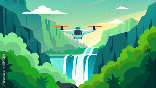 Surrounded by lush green forests an eVTOL gracefully lifts off from the edge of a cascading waterfall showcasing its ability to perform in even the most challenging environments.. Vector illustration