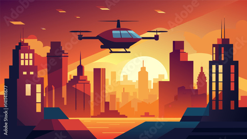 As the sun bathed the city in its warm glow air taxis rose up like birds taking flight a stunning sight against the backdrop of a futuristic metropolis.. Vector illustration