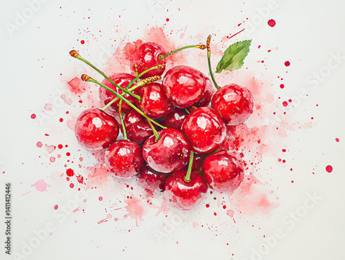 Fresh Red Cherries with Splashes of Colorful Watercolor Paint