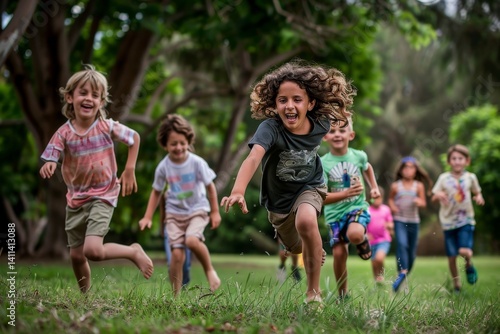 Children run and laugh while playing tag in a park, A group of children laughing and playing tag in a park